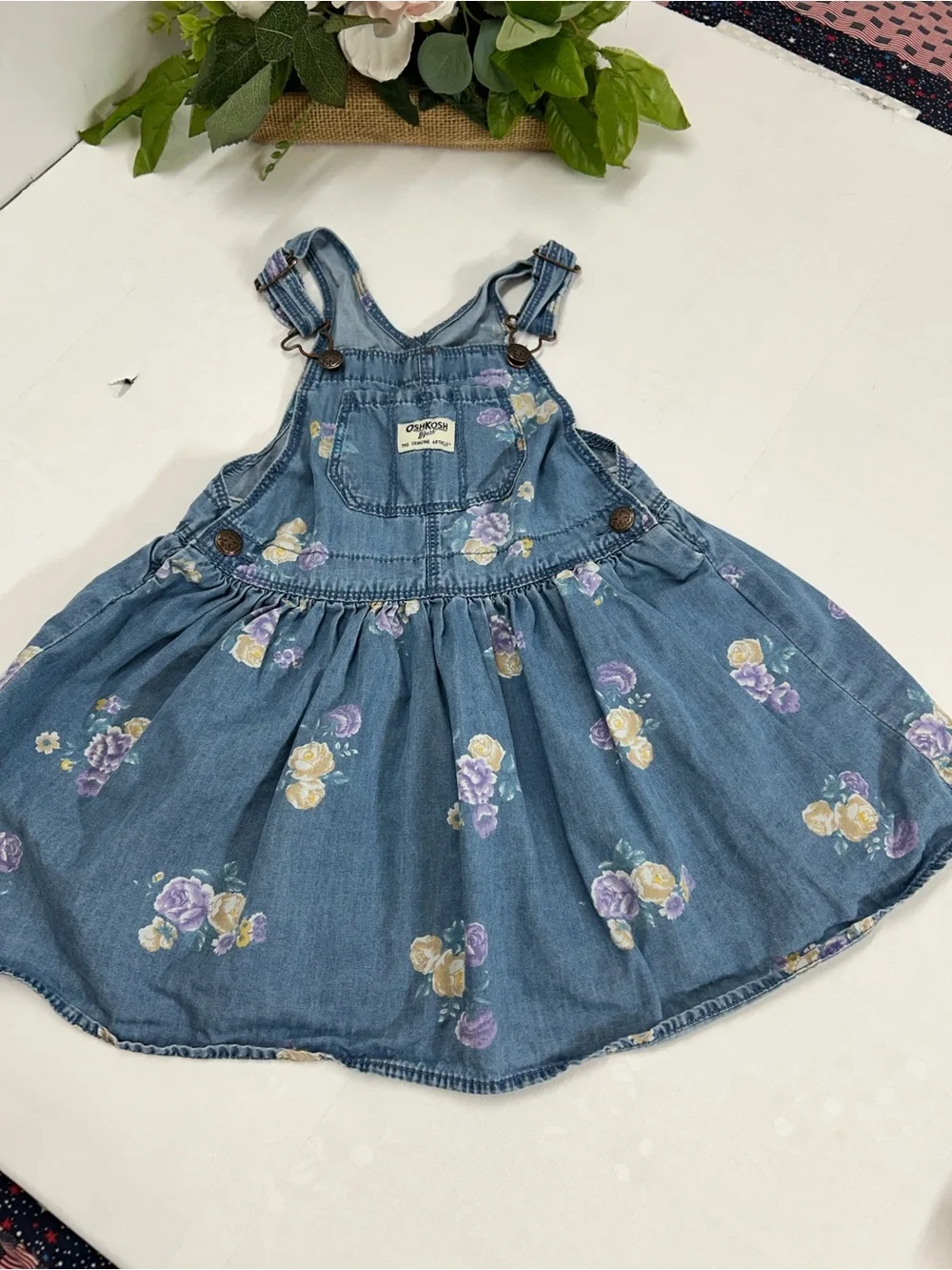 OshKosh Denim Floral Overall Dress - Blue with Purple & Yellow Flowers